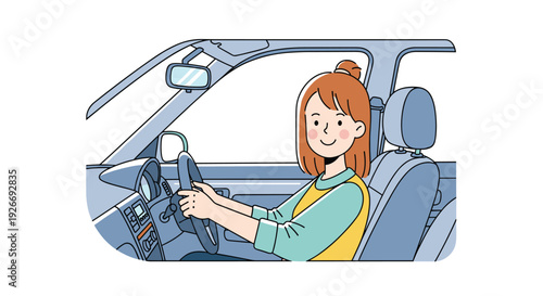 A smiling young woman with orange hair in a bun drives a light blue car while holding the steering wheel with both hands in a minimalist cartoon style.