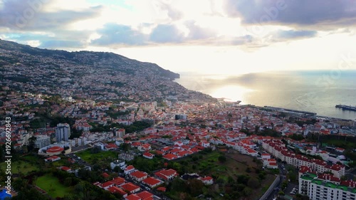Aerial Sunset Panorama of Funchal City and Atlantic Coast, Madeira Island Portugal