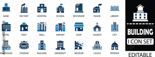 building icon set - solid icon collection illustration design. A strong and modern concrete building designed with durability and elegance, offering reliable structure and timeless appeal.