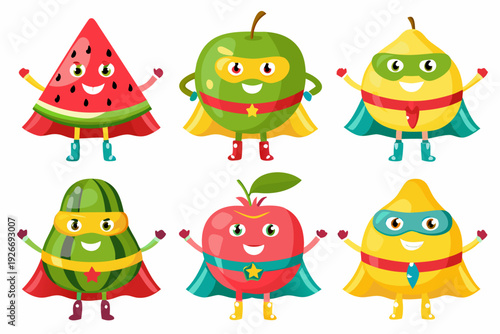 Cartoon fruits dressed as superheroes with joyful expressions