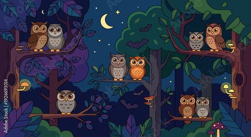 Several cute cartoon owls sitting on tree branches in a whimsical enchanted forest at night, a magical nocturnal scene with a crescent moon, stars, and flying bats