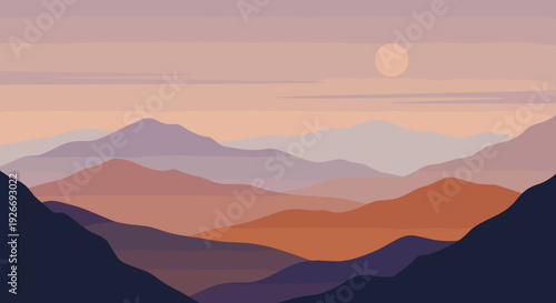 Minimalist mountain landscape illustration with layered hills and a setting sun in a warm, muted color palette, creating a serene and tranquil panoramic view