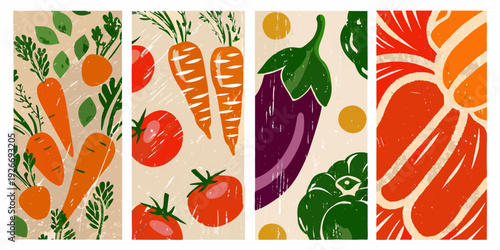 A colorful arrangement of stylized vegetable illustrations in vertical panels