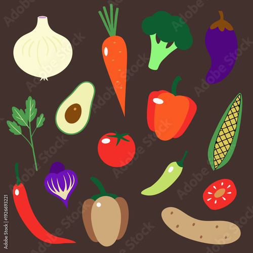 Colorful assortment of fresh vegetables and fruits arranged on a brown background