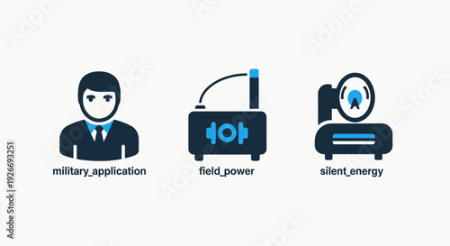 Icons Representing Military Application, Field Power Generation, and Silent Energy Sources for Defense or Operations