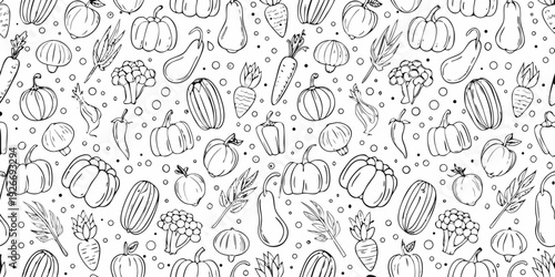 Detailed black and white pattern of various fruits and vegetables
