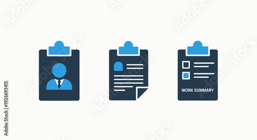 Business profile and work summary icons: person profile, resume document, and work summary checklist, in modern dark blue and cyan flat design.