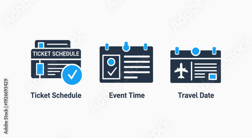 Icons for event scheduling, ticket booking, and travel planning, representing time management and important dates