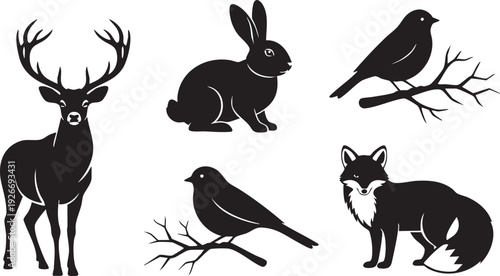A set of black vector silhouettes featuring a fun cartoon illustration of wild animals and pets like a bunny rabbit, cat, bird, and baby bear for Easter art and mammal icon design