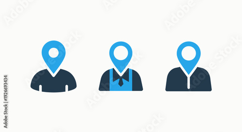 Location and people icons: user location pins with different professions like waiter, businessman, and general person, in modern dark blue and cyan.
