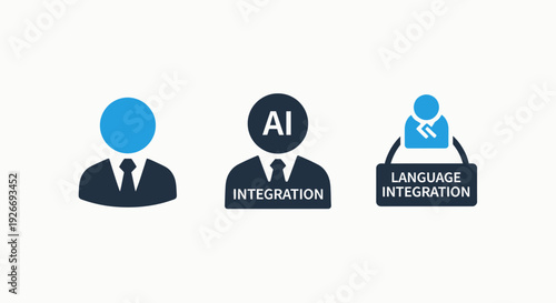 Icons symbolizing user profiles, AI integration, and language processing for technology and business applications