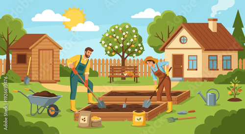 Happy young couple gardening together in their backyard, digging soil in raised beds with shovels on a sunny day with a house and shed in the background