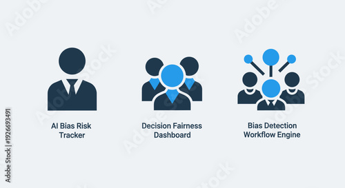 Icons for AI ethics: Bias Risk Tracker, Decision Fairness Dashboard, and Bias Detection Workflow Engine, for responsible technology.