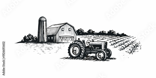 Vintage farm scene with tractor barn and silo in black and white