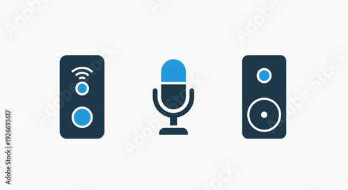 Smart device with WiFi signal, microphone, and speaker icons, illustrating connectivity, audio input, and output for smart home or tech concepts.