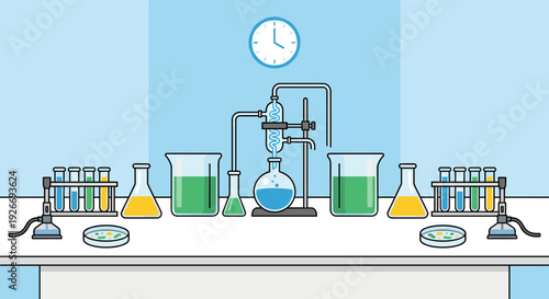 Science laboratory equipment with colorful liquids in flasks and beakers for a chemistry experiment with a distillation apparatus in a clean, flat vector illustration