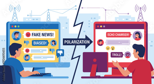 Online polarization concept showing two people arguing on social media, illustrating fake news, bias, trolls, and echo chamber effects in a flat vector design
