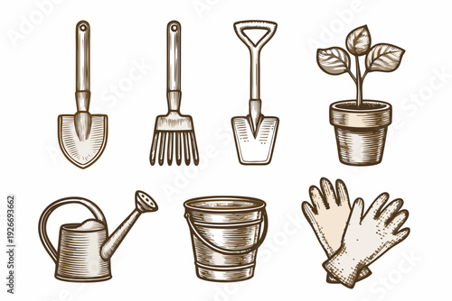 Vintage gardening tools including trowels rake and potted plant illustration