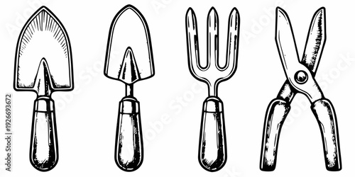 Four garden tools illustrated in a simple black and white style