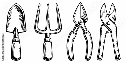 A collection of vintage gardening tools illustrated in black and white