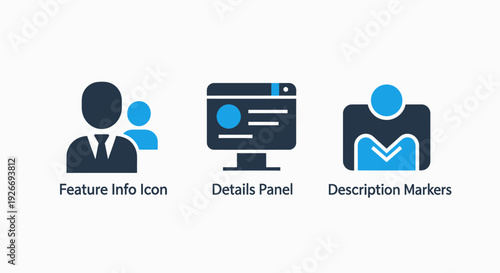 Business icons for user management: feature information, detail panels, and descriptive markers for team collaboration.