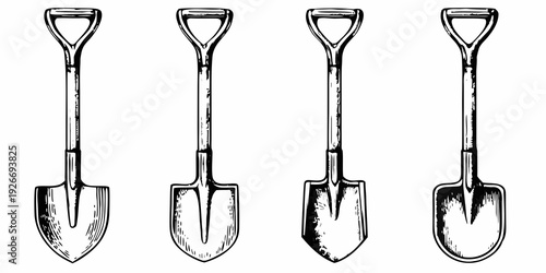 Four vintage style garden spades arranged in a row illustration