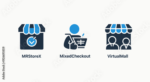Modern minimalist icons set for e-commerce, retail, online shopping, and virtual mall concepts, featuring store fronts, customer carts, and digital marketplace symbols.