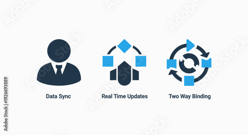 Icons representing data sync, real-time updates, and two-way binding, symbolizing seamless information flow and synchronization for technology systems.