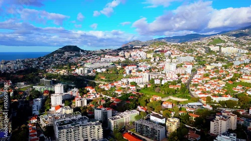 Funchal City Panorama with Coastal Buildings and Mountains, Madeira Island Portugal