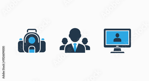 Business and team icons for professional settings, including a bag, a group of people, and a computer screen for remote work, team management, and online collaboration.