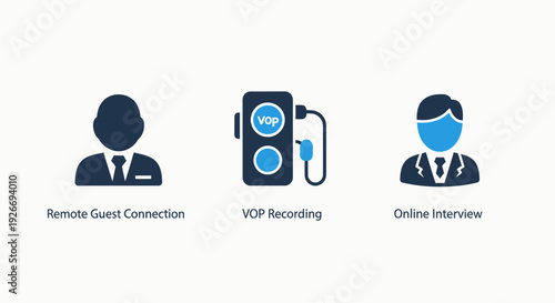 Remote work and interview icons, featuring a person for guest connection, a device for VOP recording, and a professional for online interviews, enabling virtual communication.