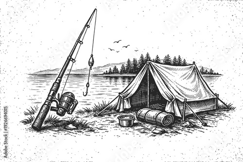 Vintage hand-drawn illustration depicting a serene lakeside camping and fishing scene in the wilderness, featuring a classic tent, a fishing rod, calm waters, evergreen trees, and distant mountains, p