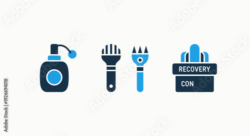 Cosmetic and skincare icons: perfume bottle with spray, comb, fork, and recovery container.
