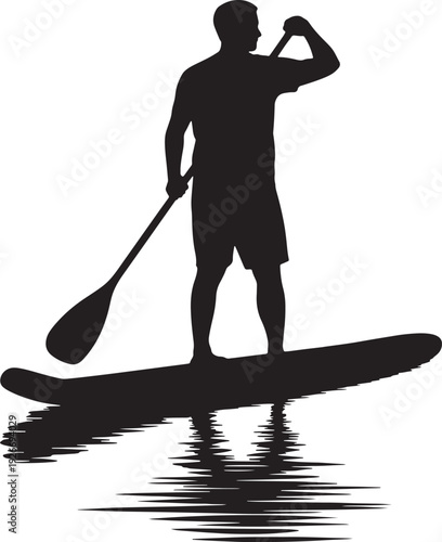 Silhouette of a man paddleboarding on water with reflection stand up paddleboard