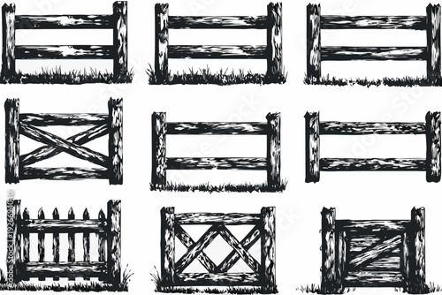 Black and white illustration of various rustic wooden fence designs