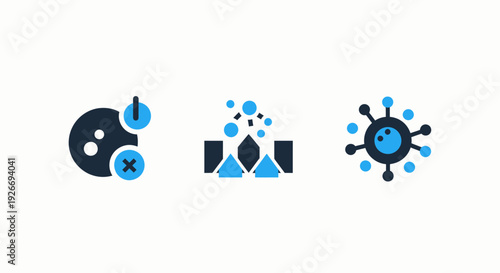 Abstract icons related to power off, filtration, and virus protection: power button, filter process, and virus molecule.