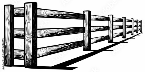 A black and white illustration of a wooden split rail fence extending into perspective