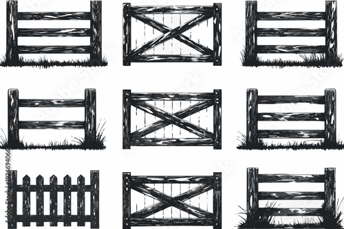 Nine black and white sketches of wooden fences and gates