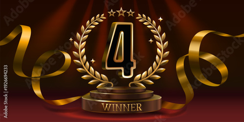 Golden number 4 award with laurel wreath and stars on a winners podium.