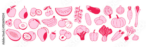Hand drawn fruits and vegetables vector set in trendy pink monochrome style. Fresh organic food collection with apple, banana, carrot, pumpkin and more. Perfect for healthy branding, packaging, market