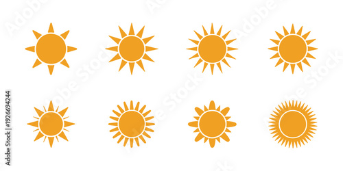 Sun Icon Collection, Minimal flat summer sunshine vector set