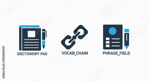 Language Learning Icons: Dictionary Pad, Vocab Chain, Phrase Field for Education, Vocabulary Building, and Language Study