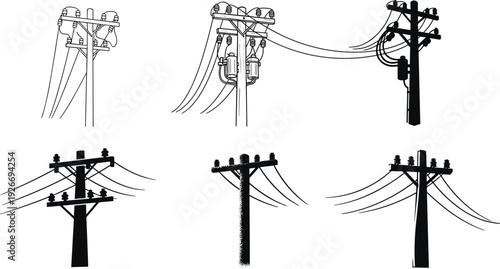 Silhouette illustration of six utility poles with transformers, insulators, and power lines, showcasing diverse electricity distribution infrastructure designs