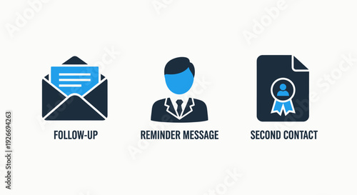 Business communication icons: follow-up, reminder message, second contact with simple flat design and blue accents, ideal for corporate presentations.