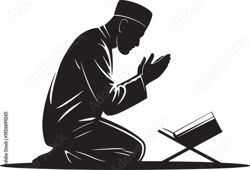 Silhouette of a Muslim man kneeling in prayer with hands raised and a book on a stand