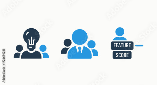 Icons for idea generation, teamwork, and feature scoring. Symbolizing innovation, collaboration, and performance evaluation for business and project management.