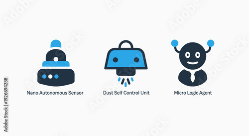 Futuristic icons: Nano Autonomous Sensor, Dust Self Control Unit, Micro Logic Agent. Representing advanced technology, AI, robotics, and smart systems in a sci-fi graphic style.