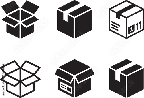 Six black shipping box showing open and closed states and delivery symbols package