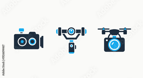 Videography Equipment Icons: Camera, Gimbal Stabilizer, Drone with Camera - Content Creation & Filmmaking Technology