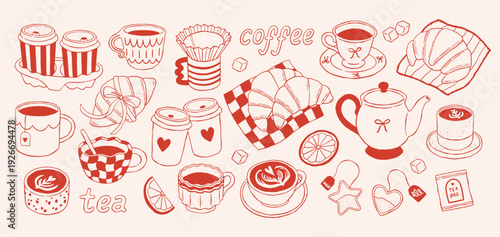 Hand drawn coffee and tea vector set with croissants, cups, teapot and sweets in Mediterranean style. Cozy cafe breakfast collection ideal for menu design, bakery branding and packaging